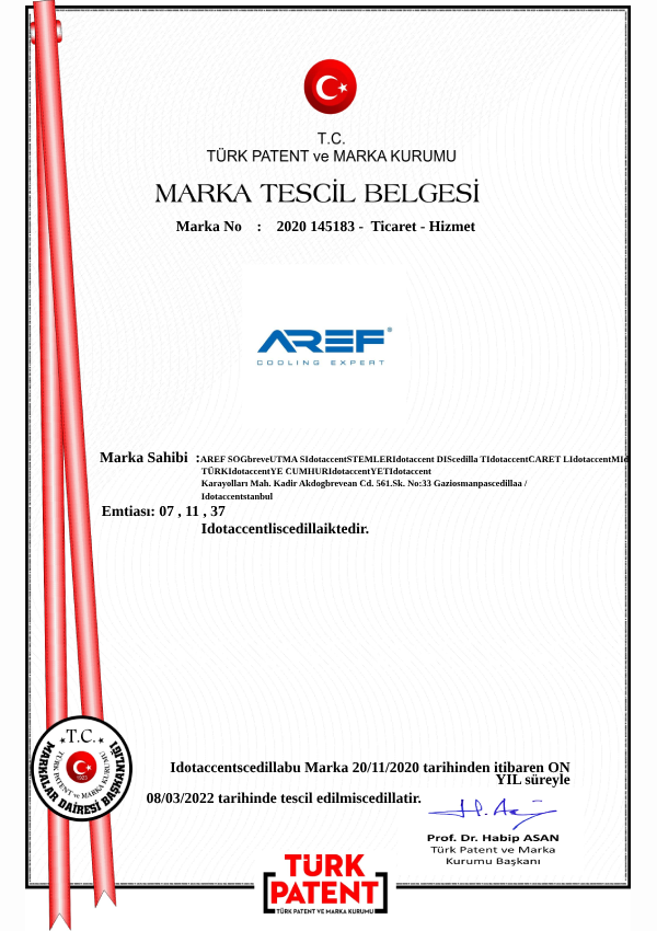 Aref Soğutma Marka Tescil Belgesi
